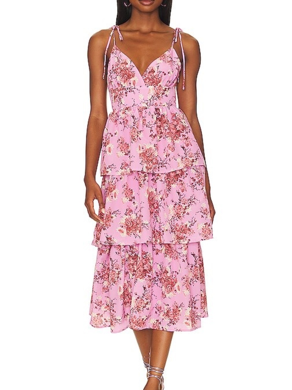 REVOLVE Pink Floral Tiered Midi Dress with Tie Straps